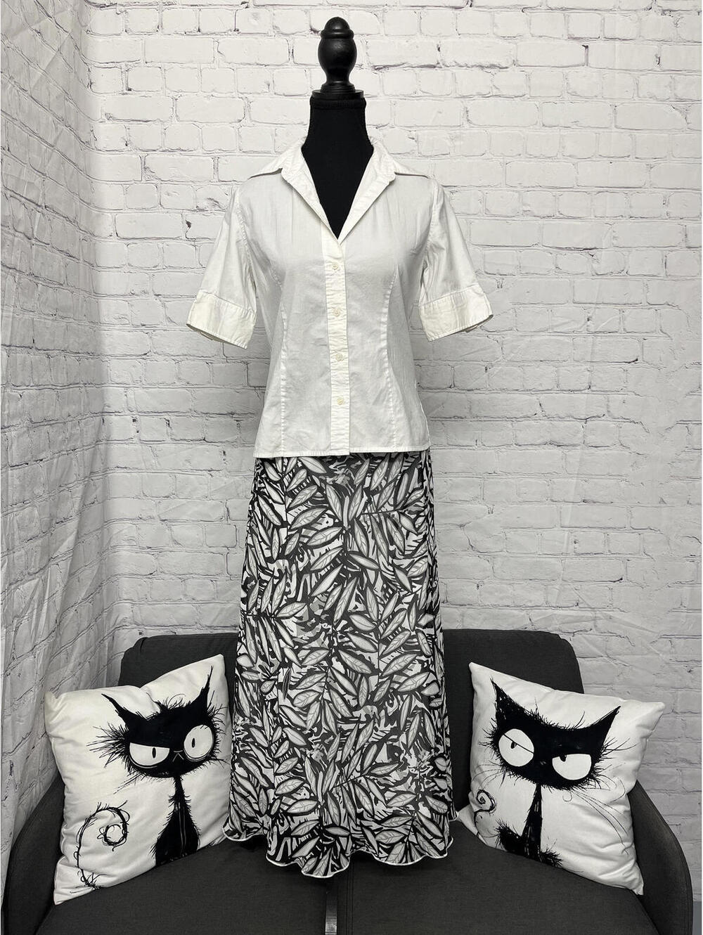 Tribal Black And White Floral Maxi Skirt Sz M Boho Leaf Printed Summer Casual